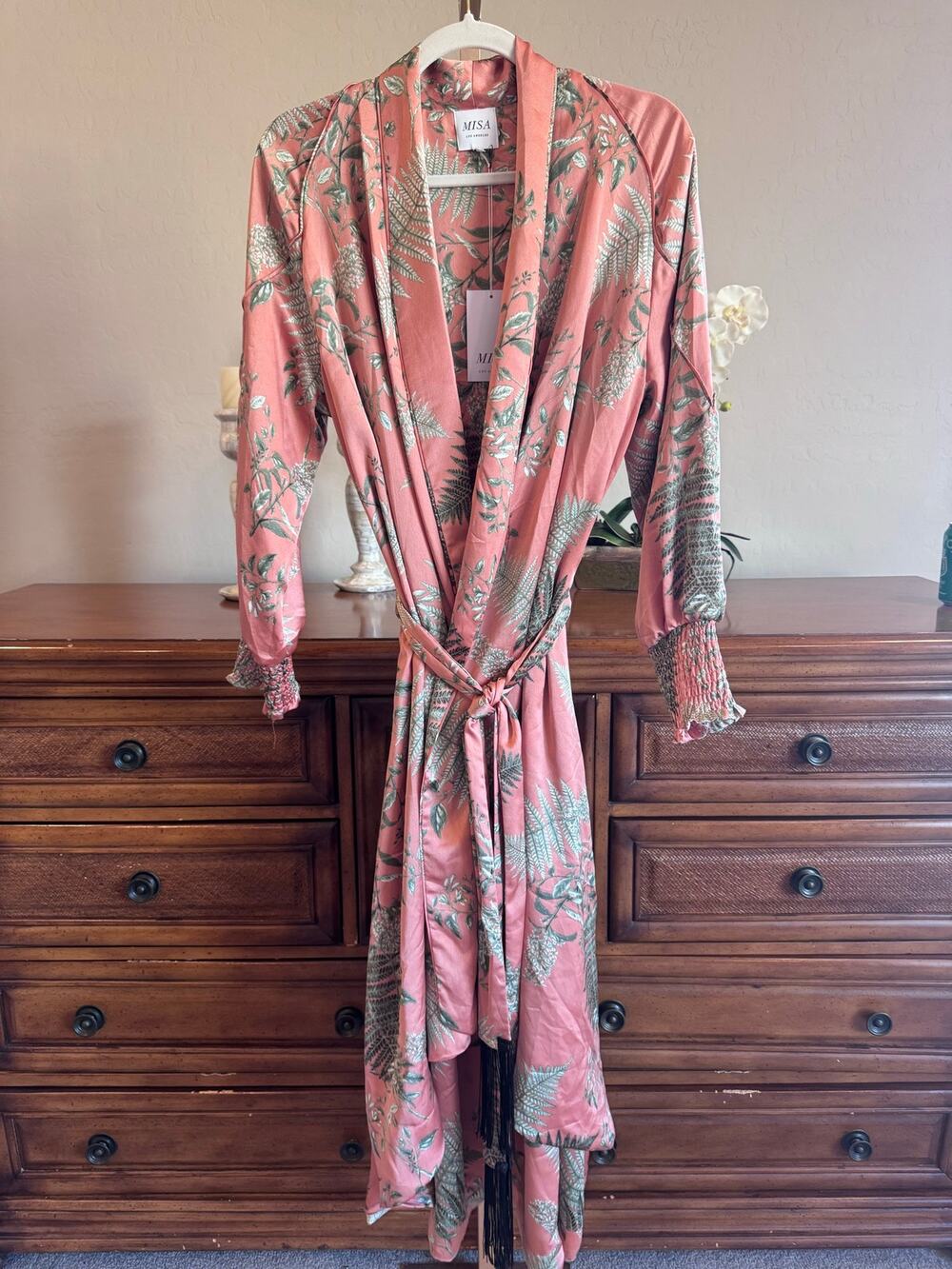 MISA Los Angeles Coral Pink Green Floral Fern High Low Duster Dress XS NWT - Picture 1 of 4